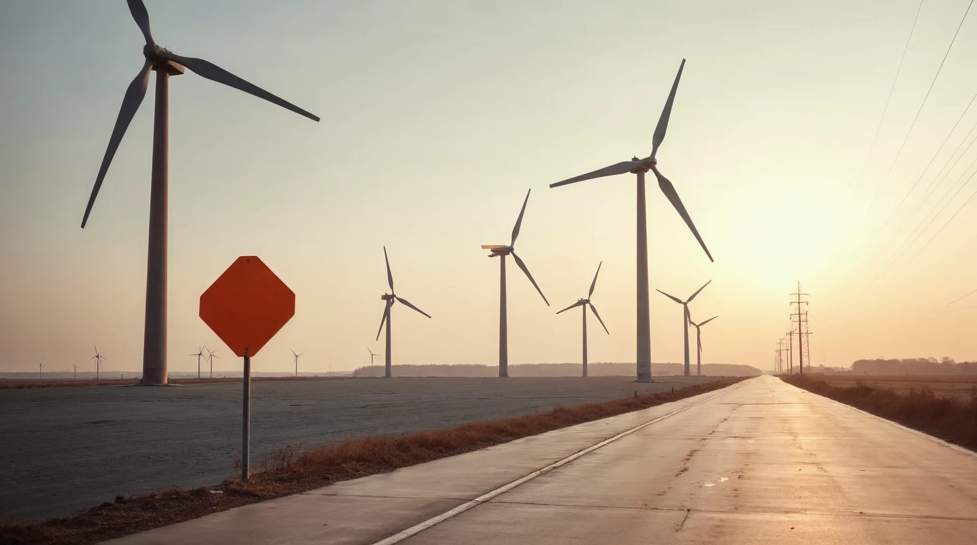 Windräder auf einem Feld in Mecklenburg im Abendlicht, ein oranger Wegweiser — Energie auf den Punkt gebracht