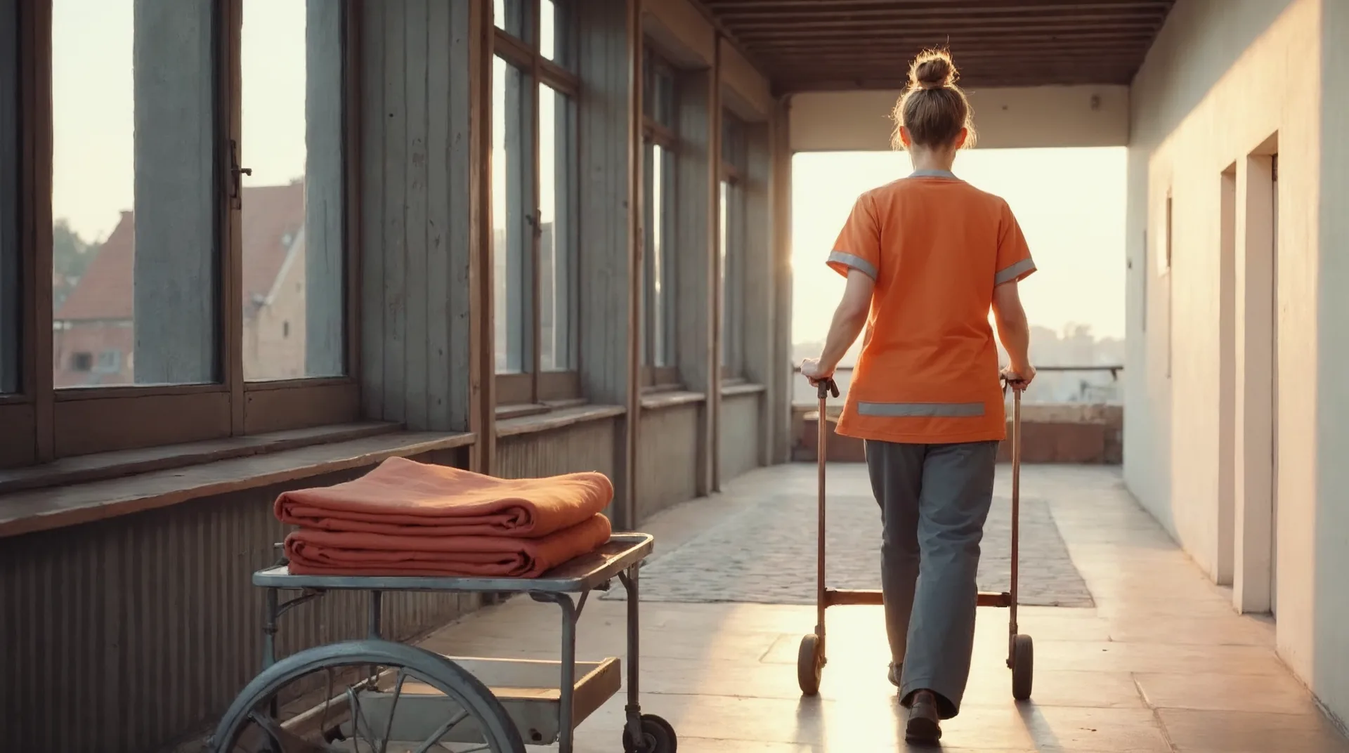 Heller Flur eines Pflegeheims, eine Pflegekraft von hinten mit Wagen — Würde und Klarheit