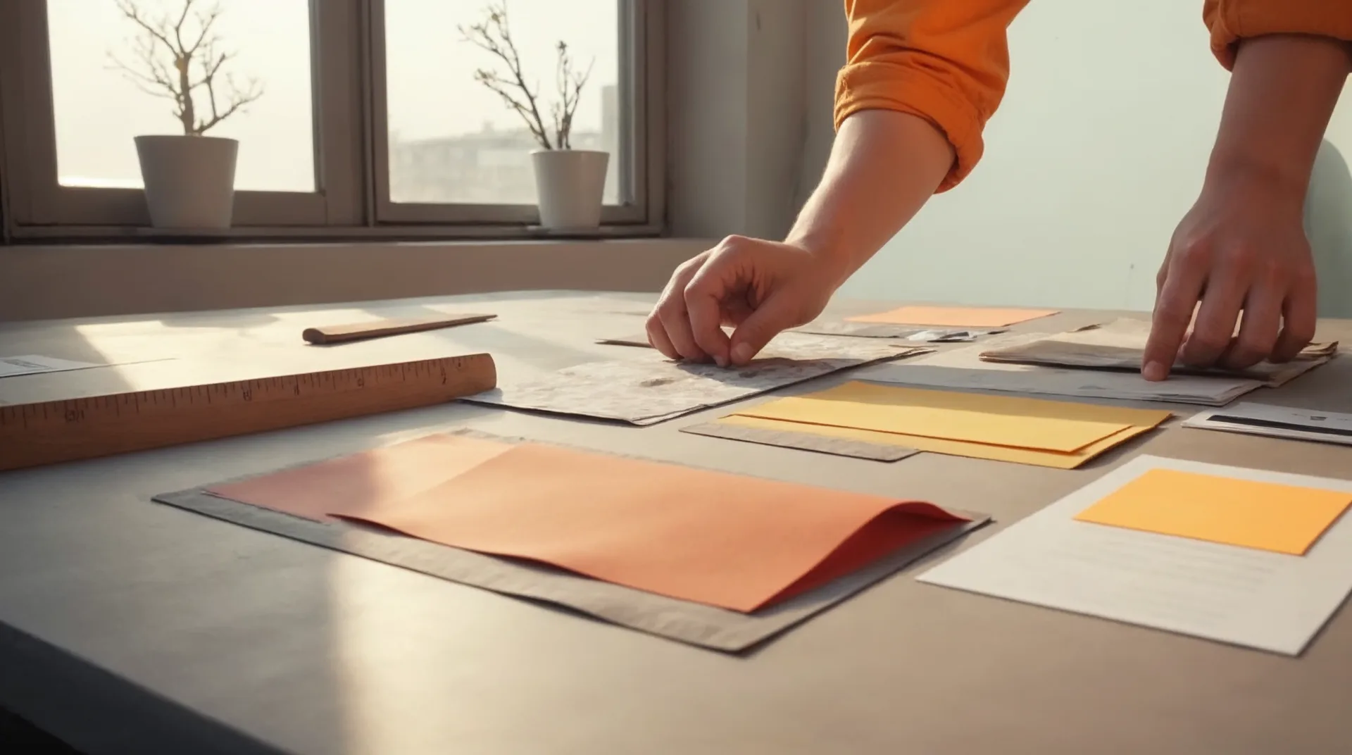 Farbmuster und Papierproben auf grauem Tisch, eine Hand legt ein oranges Muster — Marke als Entscheidung
