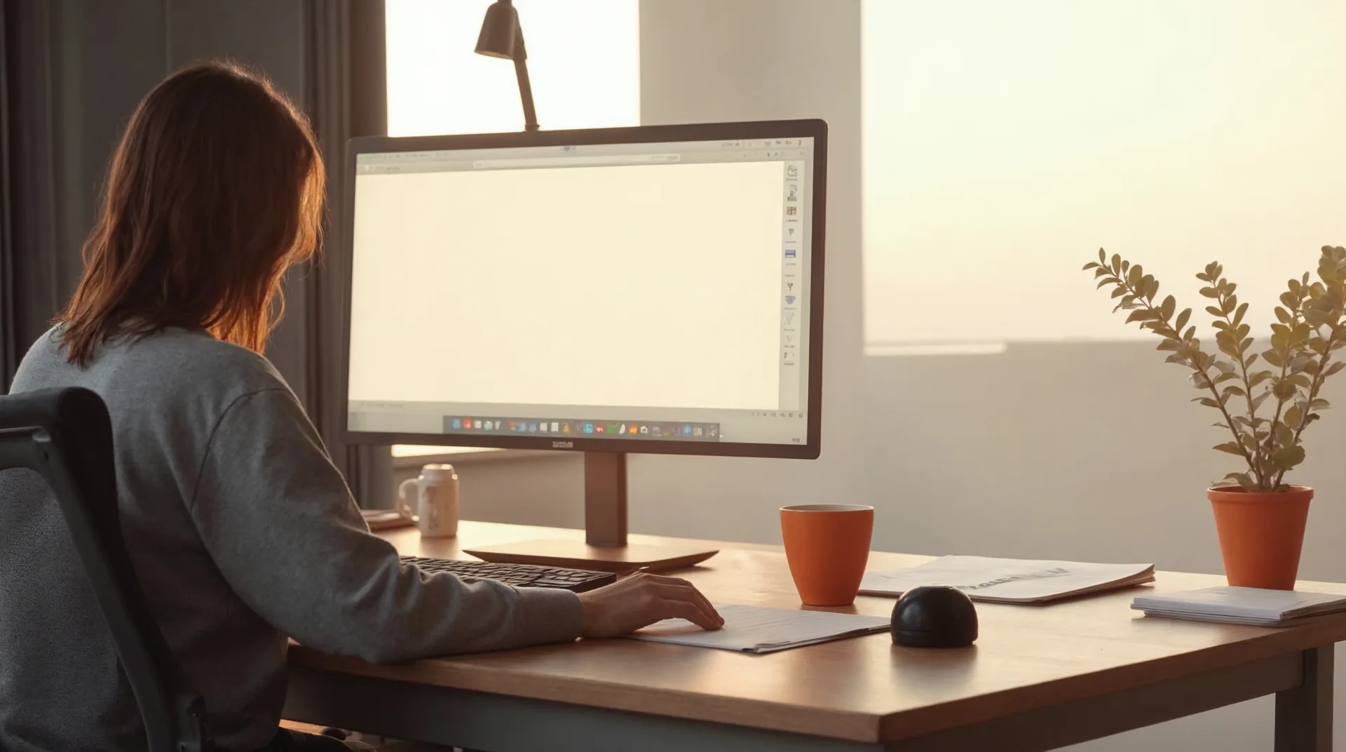 Studio-Schreibtisch mit Monitor und oranger Tasse, eine Person von hinten — Websites, die arbeiten