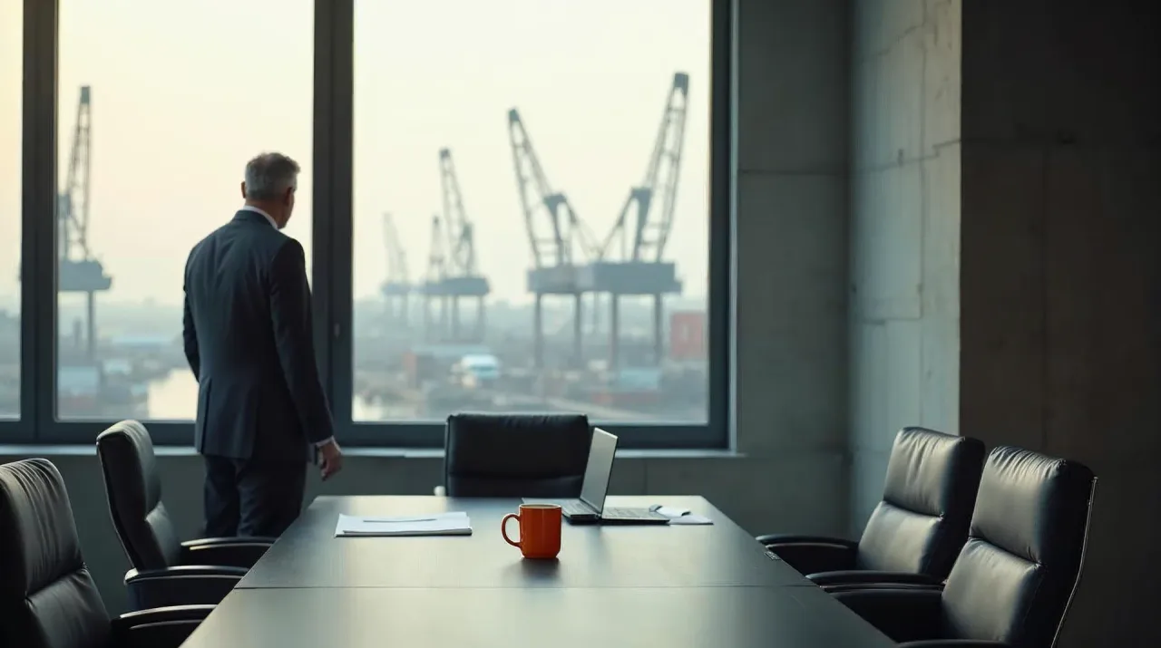 Unternehmer von hinten am Fenster eines Büros in Beton- und Graphittönen mit Blick auf einen Hafen, davor ein Besprechungstisch mit einem leeren und einem eingeschobenen Stuhl, eine orangefarbene Tasse als Farbakzent — Sinnbild für die Wahl zwischen eigenem Mitarbeiter und Agentur (KI-generiertes Bild).