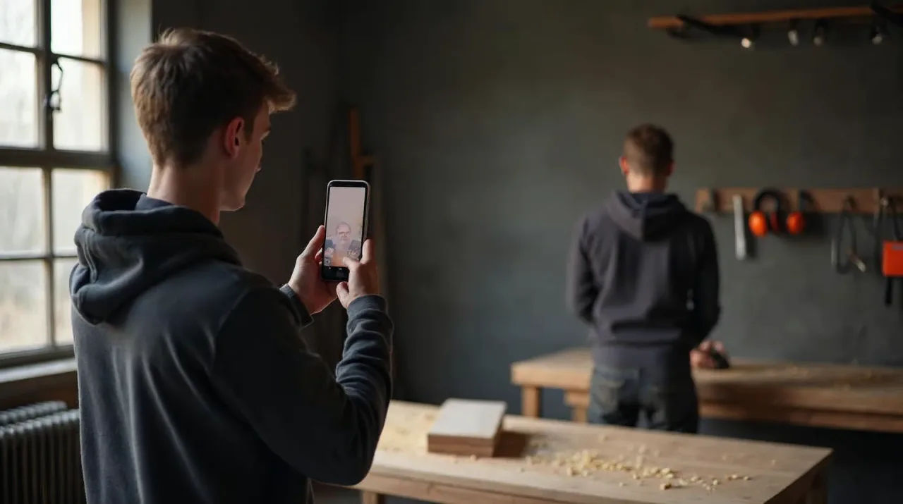 Tischlerwerkstatt in Graphit- und Betontönen mit warmem Seitenlicht: Ein junger Auszubildender filmt von hinten mit dem Smartphone im Hochformat, wie ein zweiter Azubi an der Werkbank ein Brett schleift; an der Wand hängt ein orangefarbener Gehörschutz – Sinnbild für Azubi-Recruiting mit echten Kurzvideos.