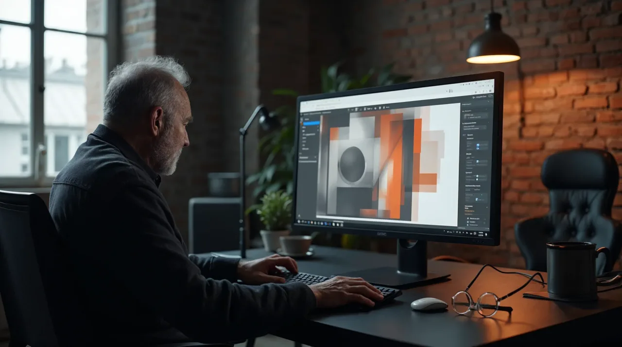 Büro mit Beton- und Backsteinwänden im seitlichen Abendlicht: Ein älterer Mann sitzt von hinten gesehen am Schreibtisch und bedient eine Website nur mit der Tastatur, daneben liegt eine orangefarbene Lesebrille – Sinnbild für eine barrierefreie Unternehmenswebsite.