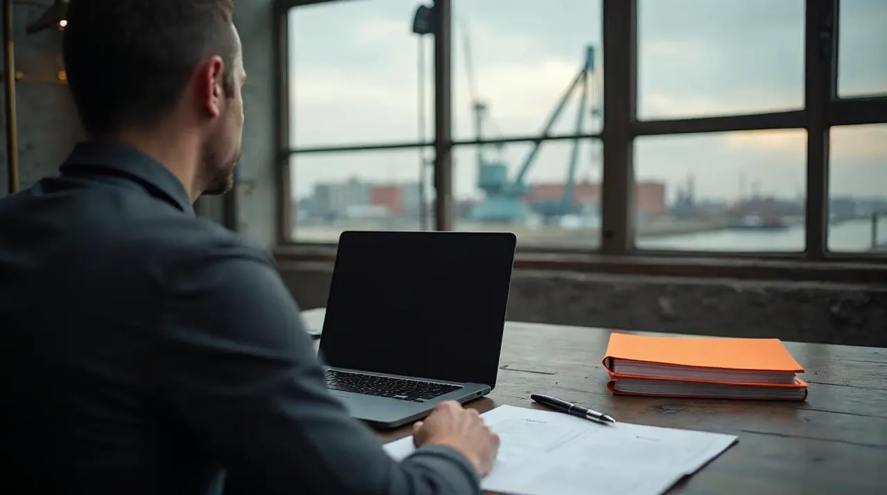 Unternehmer von der Seite und von hinten an einem Schreibtisch in einem Büro aus Backstein und Beton, vor ihm leere Antragsformulare und ein orangefarbener Ordner, im Hintergrund unscharf Hafenkräne — Sinnbild für die Entscheidung über Fördermittel zur Digitalisierung (KI-generiertes Bild).