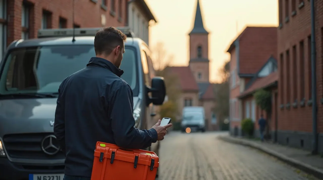 Handwerker von hinten neben einem graphitgrauen Transporter auf einer Kopfsteinpflasterstraße in einem mecklenburgischen Backsteindorf, in der Hand ein Smartphone, zu seinen Füßen ein orangefarbener Werkzeugkoffer – Sinnbild für Werbung, die Kunden im eigenen Umkreis erreicht.