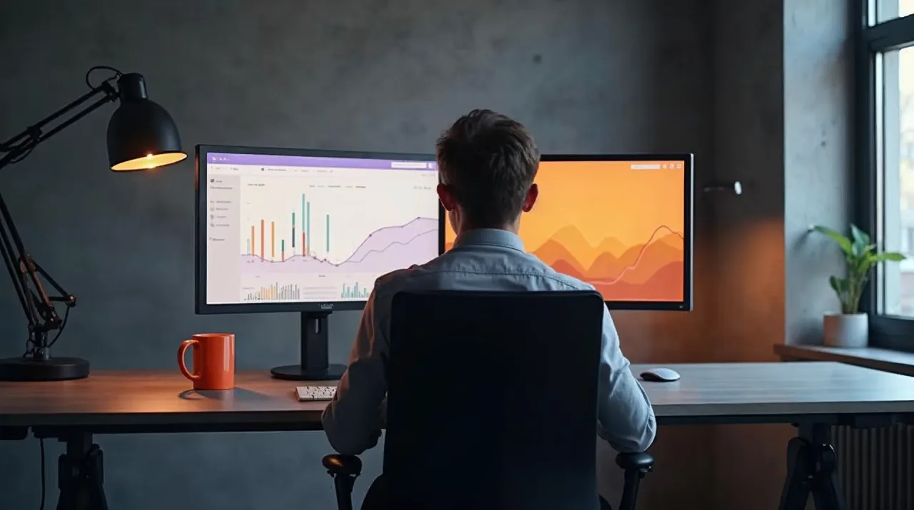 Unternehmer von hinten am Schreibtisch in Graphittönen, vor sich zwei Monitore mit abstrakten Flächen als Sinnbild für die Wahl zwischen Google Ads und Meta Ads, orangefarbene Tasse als Farbakzent.