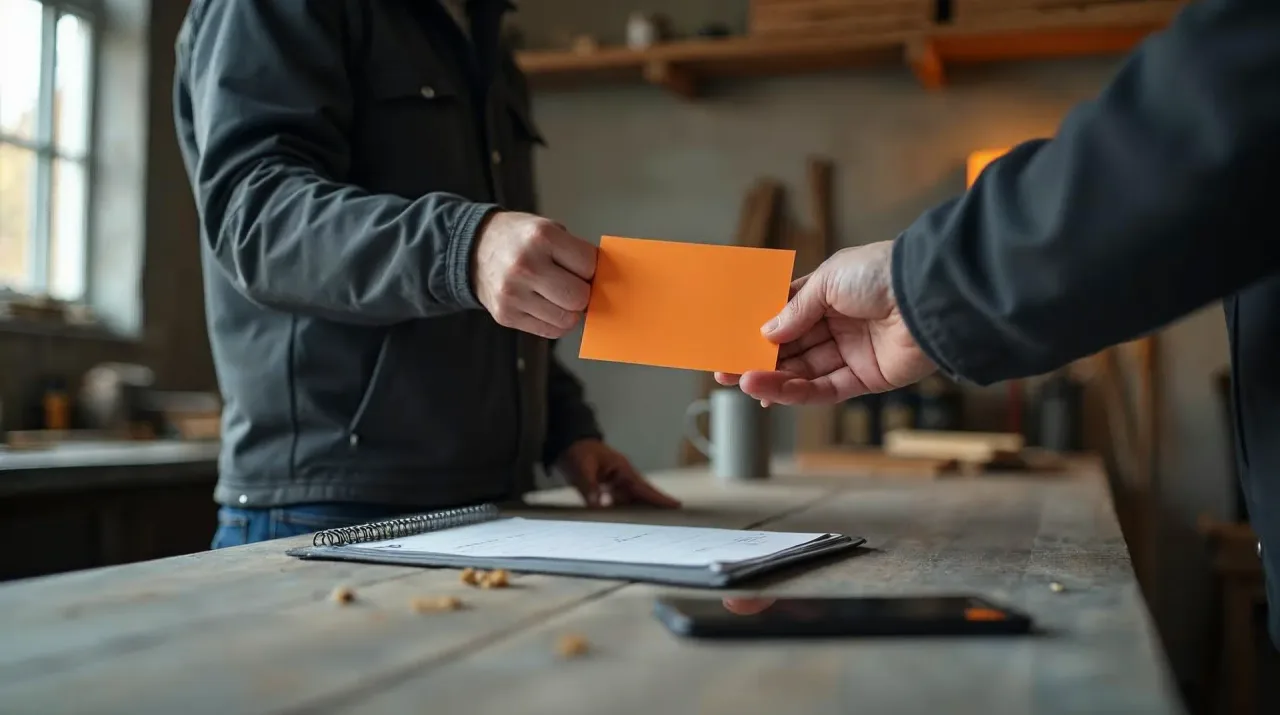 Werkbank in einer norddeutschen Tischlerwerkstatt im warmen Seitenlicht: Ein Handwerker, nur von der Seite zu sehen, reicht einem Kunden nach Auftragsabschluss eine leere orangefarbene Karte – Sinnbild für die persönliche Bitte um eine Bewertung (KI-generiertes Bild).
