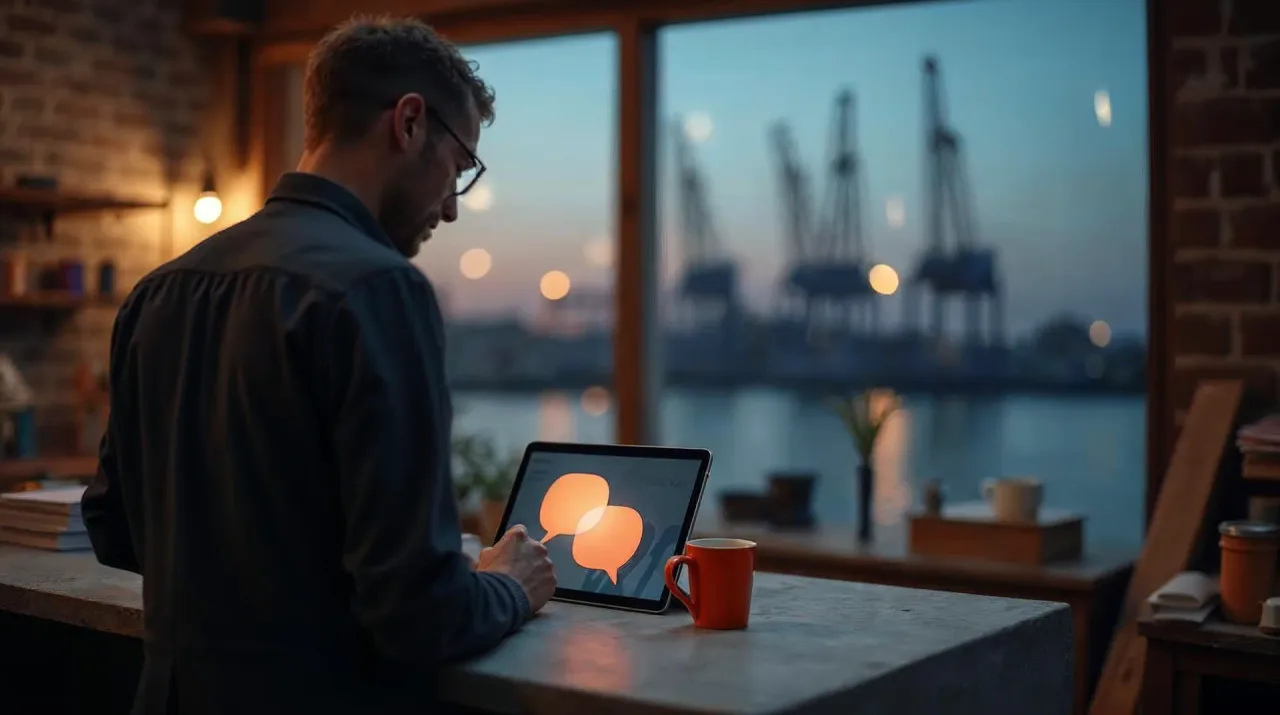 Inhaber von hinten an einem Betontresen im abendlichen Büro, auf dem Tablet ein abstrakter Chat-Dialog ohne Schrift, daneben ein orangefarbener Becher, im Fenster unscharf die Hafenkräne von Rostock – Sinnbild für eine Website, die auch nach Feierabend Fragen beantwortet.