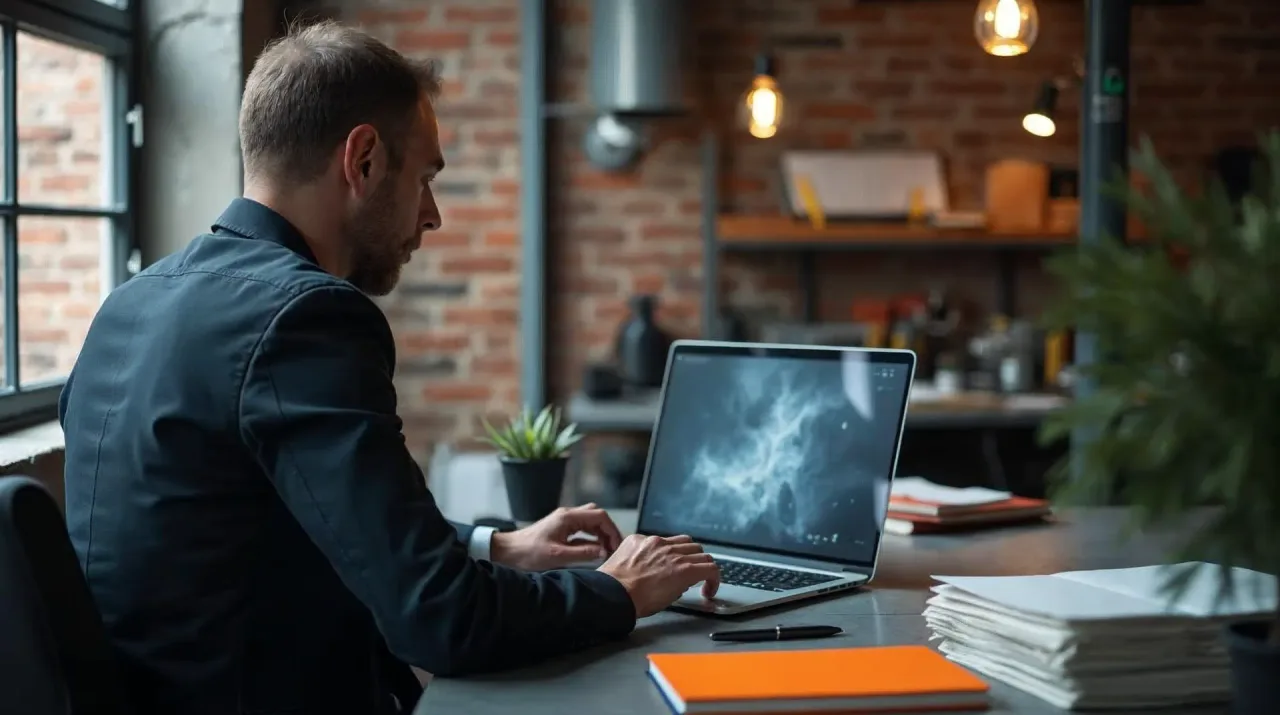 Geschäftsführer von hinten an einem betongrauen Schreibtisch vor einem aufgeklappten Laptop mit unscharfem, dunklem Bildschirm, daneben Ordner und ein orangefarbenes Notizbuch, im Hintergrund eine Werkhalle — Sinnbild für den überlegten Einstieg in KI im Mittelstand (KI-generiertes Bild).