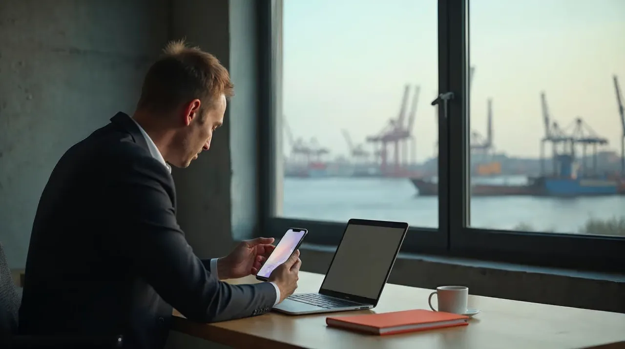 Geschäftsführer von hinten an einem Schreibtisch in einem Büro aus Sichtbeton, ein Smartphone in der Hand, daneben ein orangefarbenes Notizbuch, durch das Fenster unscharf Hafenkräne an der Ostsee — Sinnbild für B2B-Vertrieb über LinkedIn im norddeutschen Mittelstand (KI-generiertes Bild).