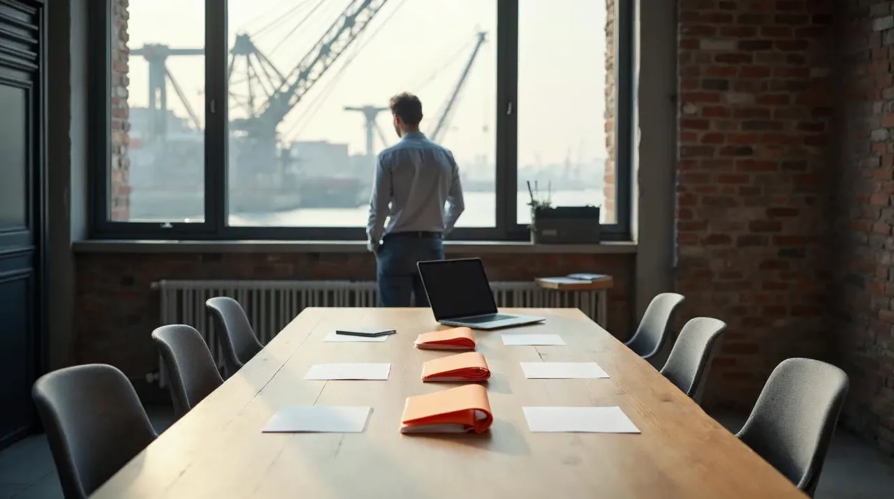 Besprechungstisch mit fünf Stühlen in einem kleinen Büro aus Backstein und Beton, darauf drei Stapel leerer Karteikarten und eine orangefarbene Mappe; im Hintergrund ein Inhaber von hinten am Fenster mit Blick auf Hafenkräne — Sinnbild für die Marketingplanung in einem kleinen Betrieb (KI-generiertes Bild).