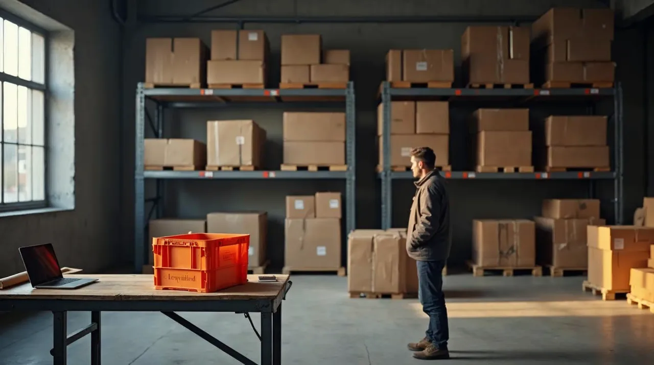 Lager eines norddeutschen Händlers mit Betonboden und grauen Regalen voller unbeschrifteter Kartons: Ein Mann steht von hinten an einem Packtisch mit Laptop, auf dem Tisch eine orangefarbene Kiste – Sinnbild für die Wahl des passenden Shopsystems.
