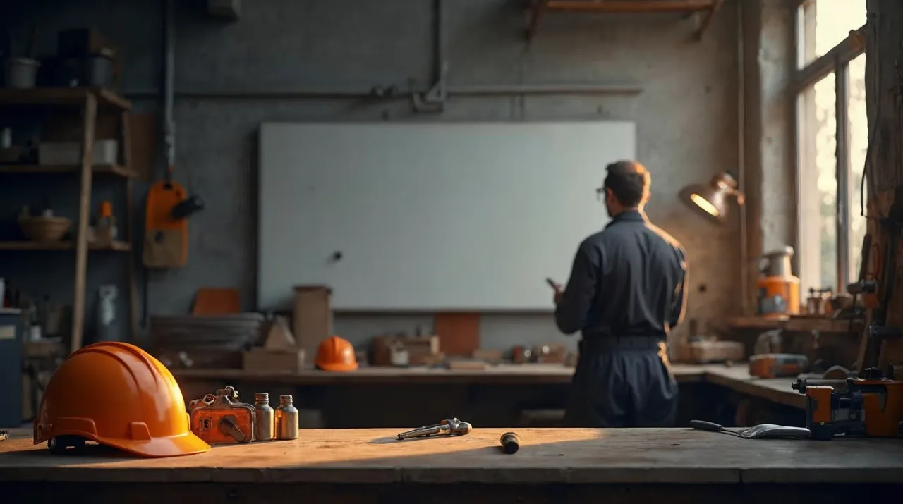 Werkstatt in Graphittönen mit warmem Seitenlicht, ein orangefarbener Schutzhelm auf der Werkbank und eine Handwerksperson von hinten vor einer leeren Planungstafel – Sinnbild für eine Recruiting-Kampagne im Handwerk.