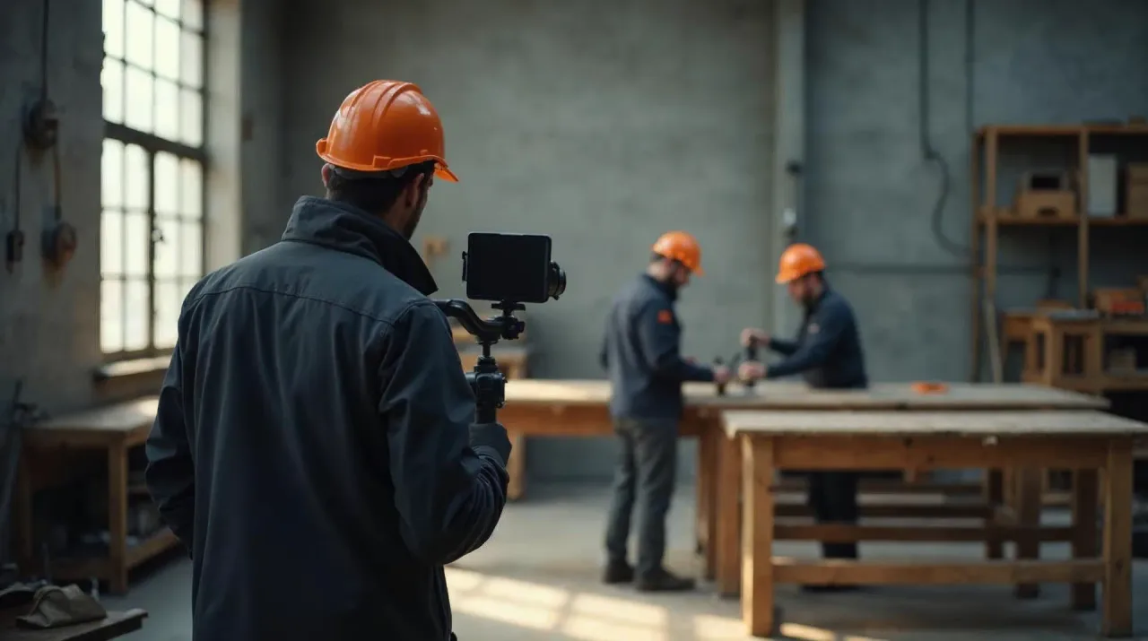 Werkhalle in Graphit- und Betontönen mit warmem Seitenlicht: Ein Kameramann filmt von hinten mit einer Gimbal-Kamera zwei Handwerker an der Werkbank, einer trägt einen orangefarbenen Schutzhelm – Sinnbild für einen Recruitingfilm, der den echten Arbeitsalltag zeigt.