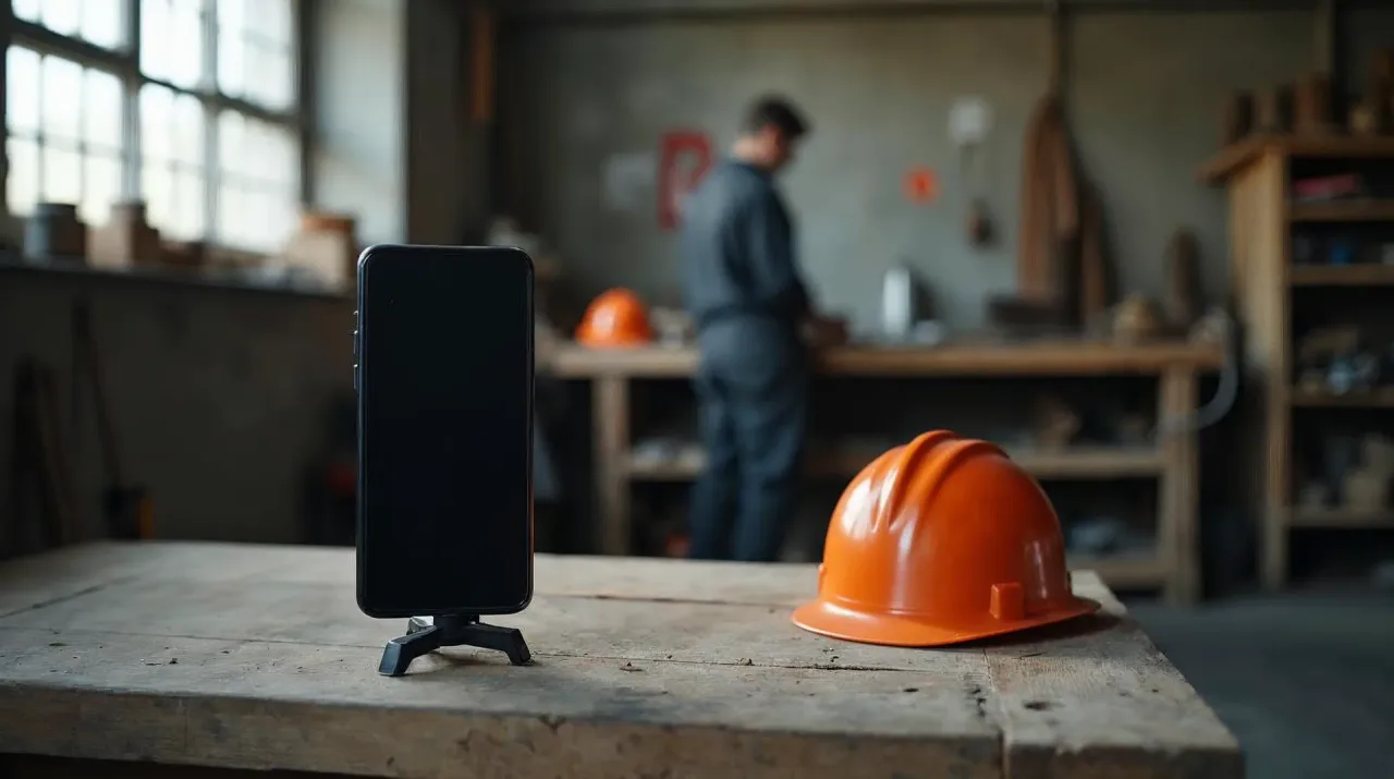 Werkstatt eines norddeutschen Handwerksbetriebs mit Betonboden: Auf einer Werkbank steht ein Smartphone hochkant auf einem kleinen Stativ, daneben ein orangefarbener Schutzhelm; im unscharfen Hintergrund ein junger Auszubildender von hinten – Sinnbild für Kurzvideos aus dem Betriebsalltag auf TikTok.