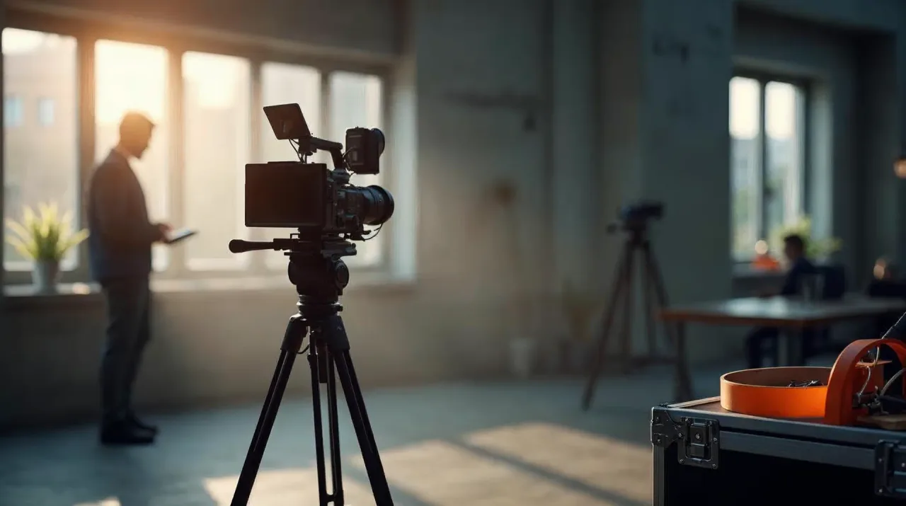 Filmkamera auf einem Stativ in einer norddeutschen Werkstatt in Graphit- und Betontönen, warmes Seitenlicht, ein Kameramann von hinten am Sucher, eine orangefarbene Klebebandrolle als Farbakzent.