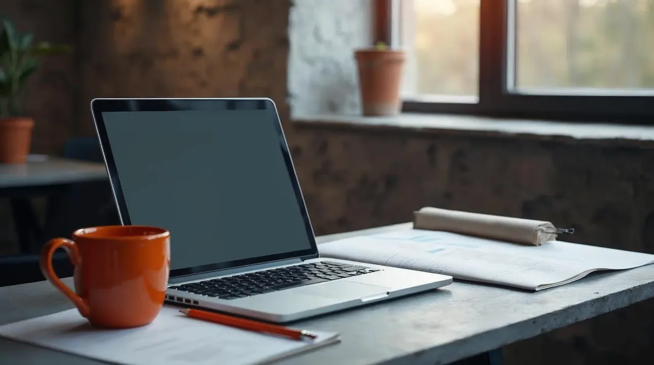 Ruhiger Schreibtisch in Graphittönen mit aufgeklapptem Laptop, Notizbuch und einer orangefarbenen Tasse als Farbakzent – Sinnbild für die Planung einer Website 2026.