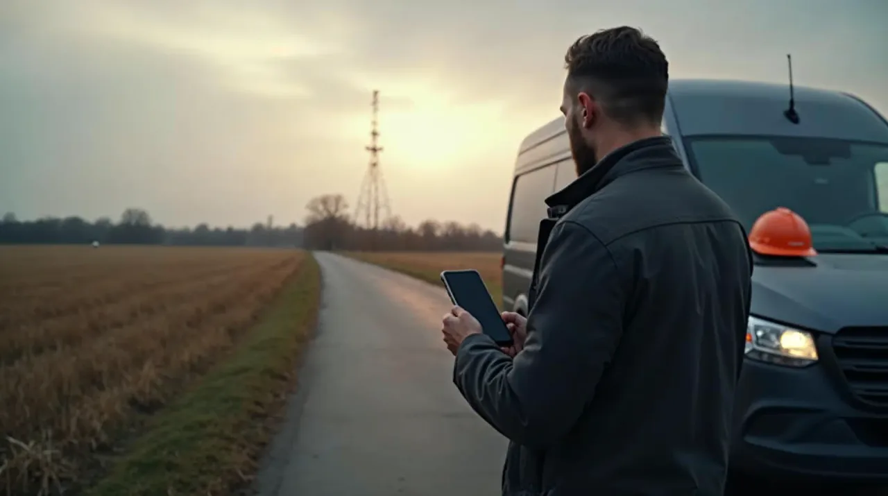 Feldweg im ländlichen Mecklenburg-Vorpommern: Ein Mann steht von hinten neben einem dunklen Transporter und wartet mit dem Smartphone in der Hand, im Fahrerhaus liegt ein orangefarbener Helm, am Horizont ein einzelner Mobilfunkmast – Sinnbild für langsames mobiles Internet auf dem Land.