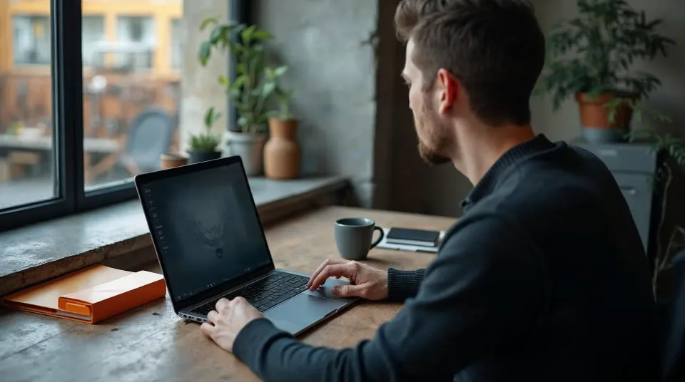 Titelbild: Geschäftsführer von hinten an einem Betontisch vor einem Laptop, daneben eine orangefarbene externe Festplatte für das Backup