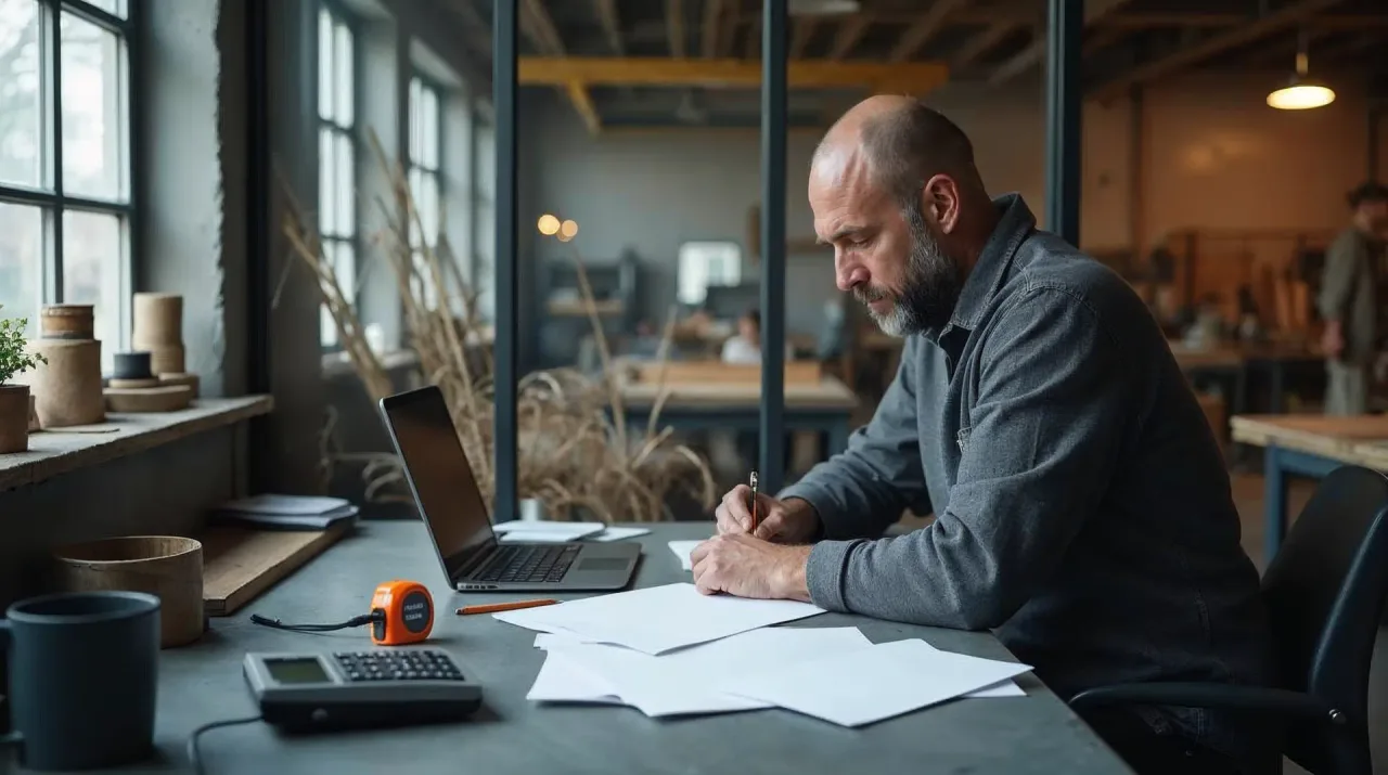 Inhaber eines Handwerksbetriebs von hinten am graphitgrauen Schreibtisch im Werkstattbüro, er rechnet mit Bleistift auf einem leeren Blatt, daneben Taschenrechner und ein orangefarbenes Maßband — Sinnbild für ein Werbebudget, das vom Ziel rückwärts berechnet wird (KI-generiertes Bild).