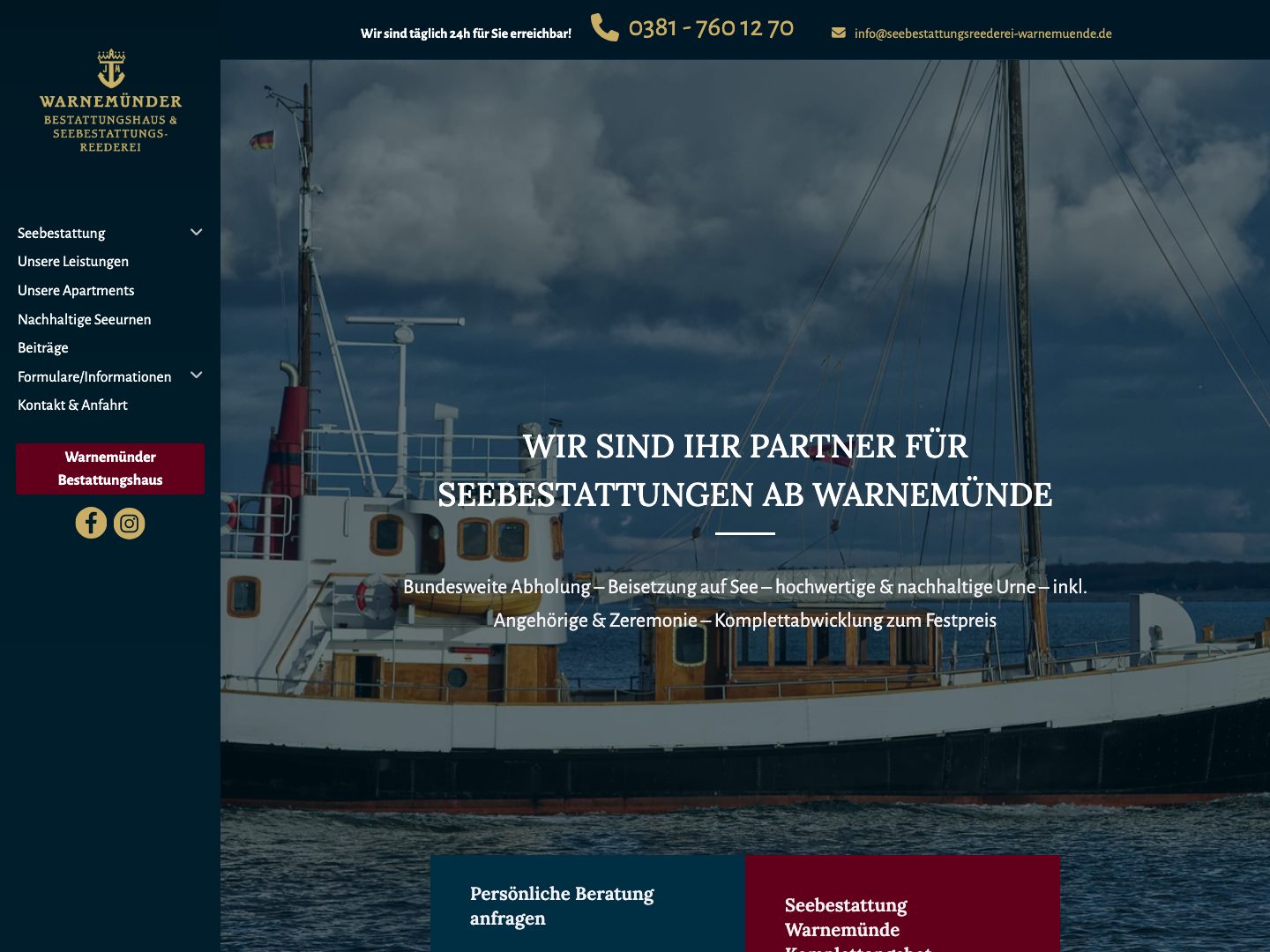 Startseite von seebestattung-warnemuende.de — Website und Imagefilm für die Seebestattungsreederei Warnemünde